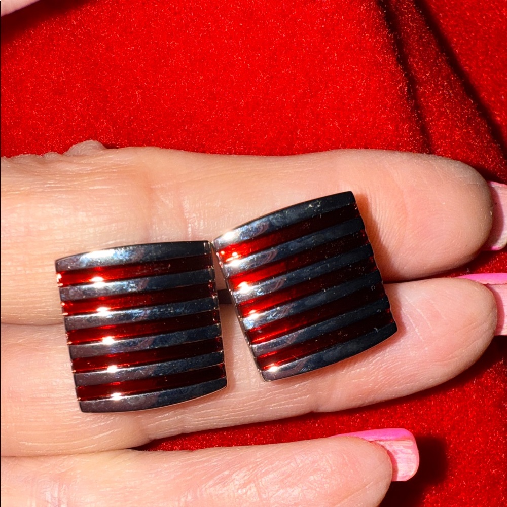 New Cuff Links Striped Red and Silver